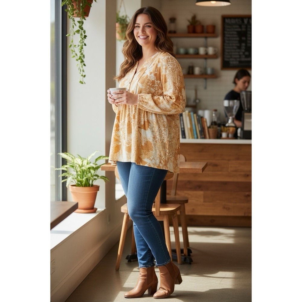 Wonderly Floral Pintuck Tunic Top Womens XL Yellow Shirt Boho Chic Cozy Stretch